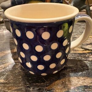 Wiza Handmade Polish Pottery Blue and White Polka Dot Mug